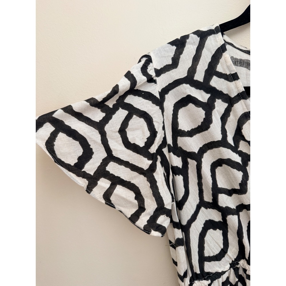 Cassee's Black White Geometric Abstract Midi Dress Cotton Linen Blend Size M - Picture 3 of 6